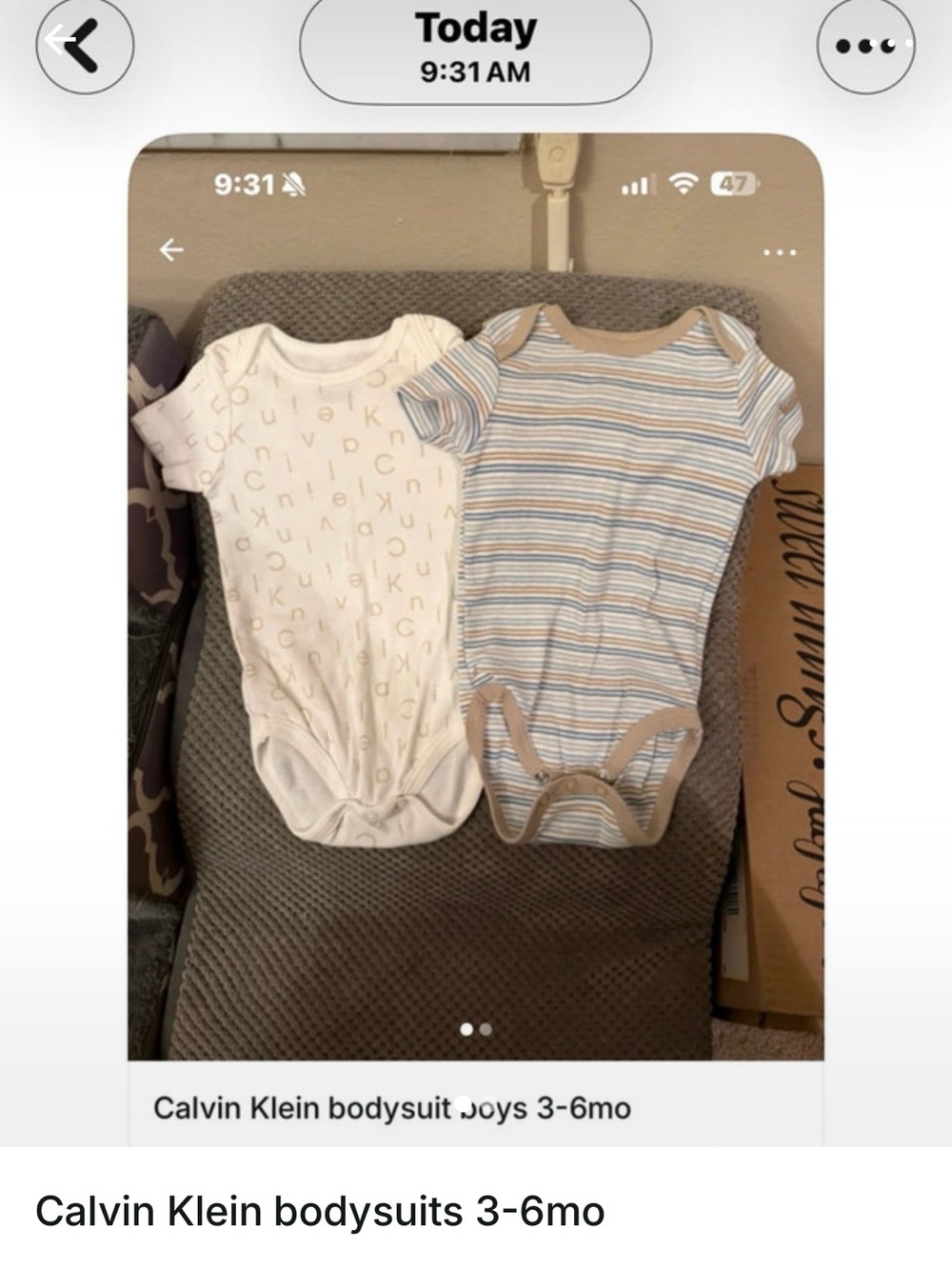 Calvin Klein Two-Pack Baby Bodysuits in White and Tan-Blue Stripe